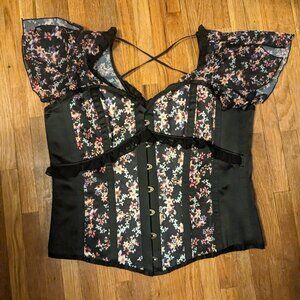 Black Floral Ruffle Sleeve Corset Top